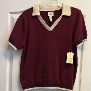 Burgundy Knit Polo Style Sweater with Cream & Navy Trim
